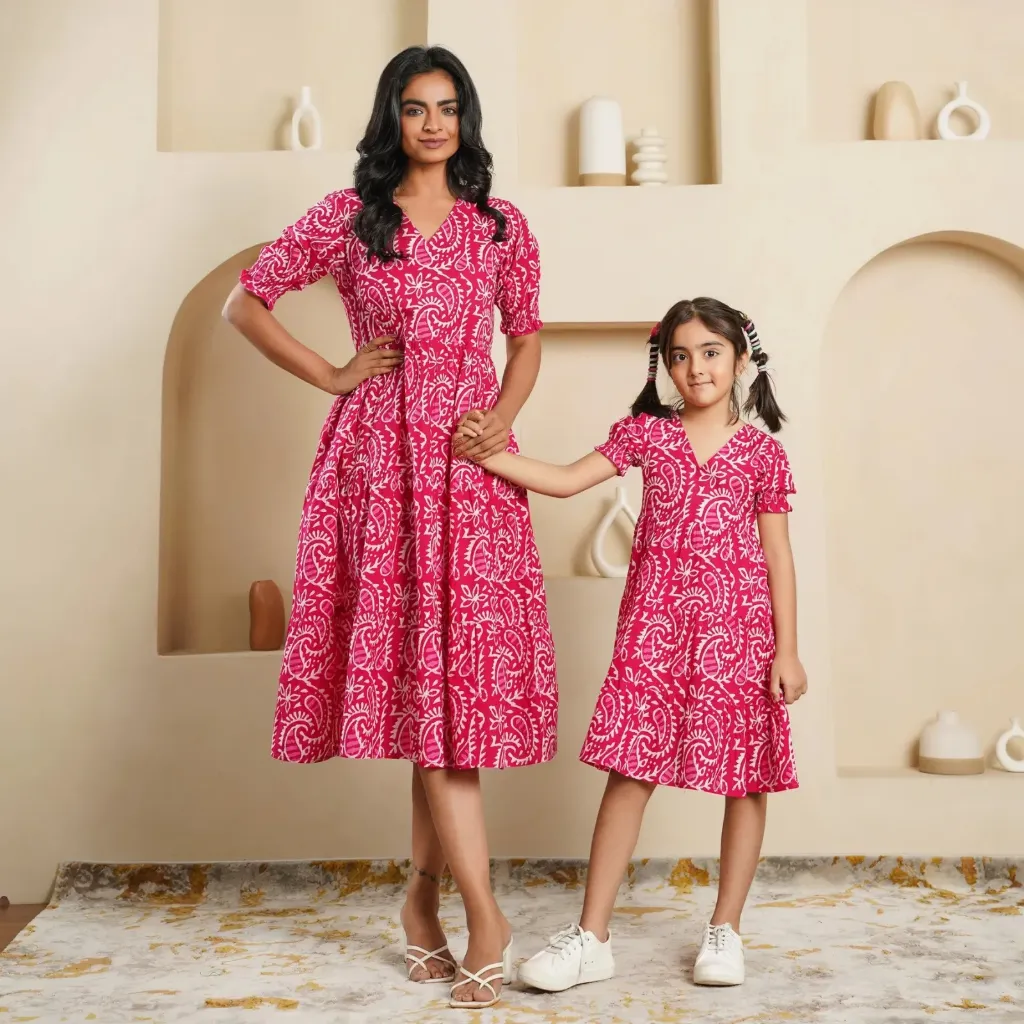 Pink Printed  Mom and Daughter Cotton Dresses (XL, 4-6)